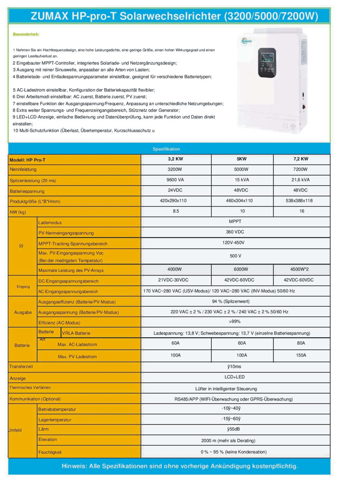 Wechselrichter Zumax 3,2 KW und 5 KW