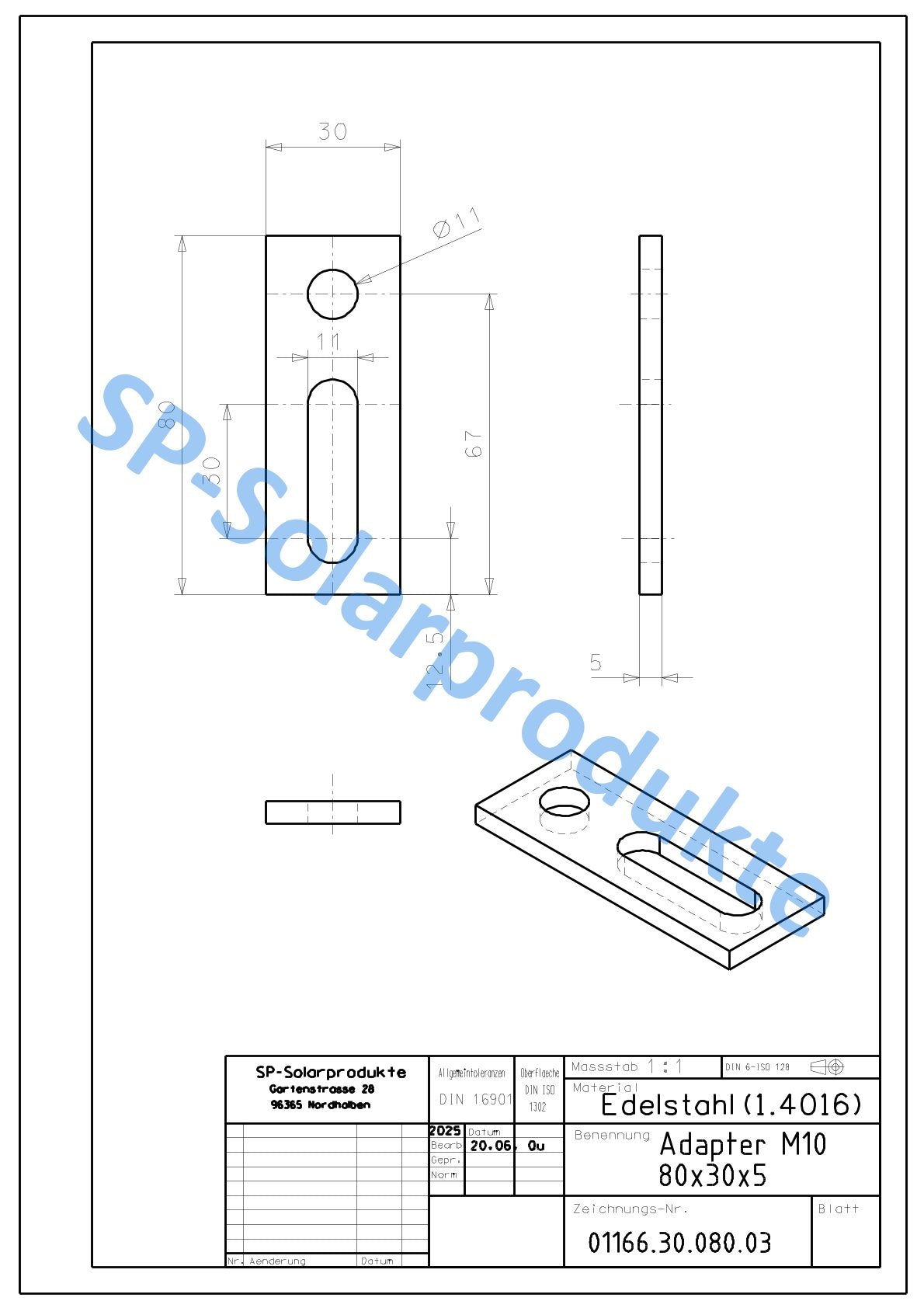 Adapterblech für Edelstahl Stockschraube M10 80x30x5mm