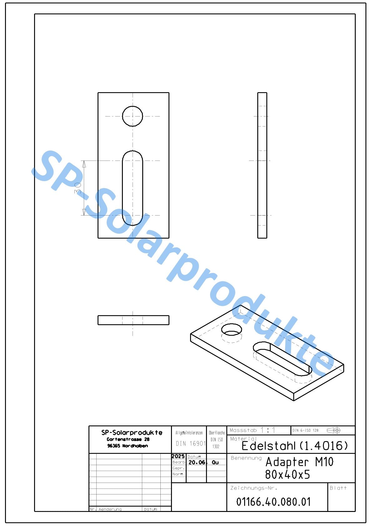 Adapterblech für Edelstahl Stockschraube M10 80x40x5mm