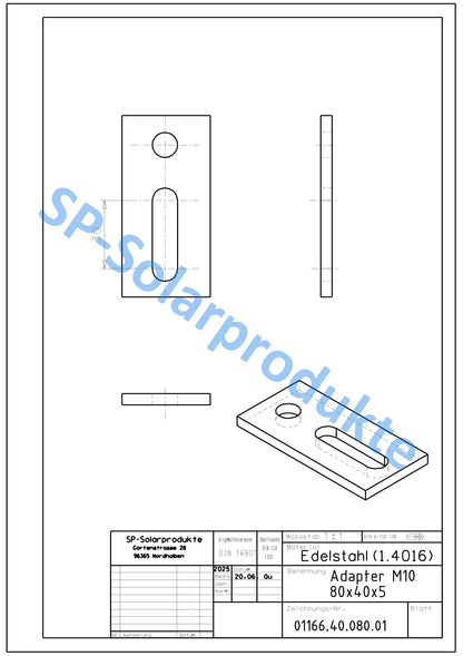 Adapterblech für Edelstahl Stockschraube M10 80x40x5mm