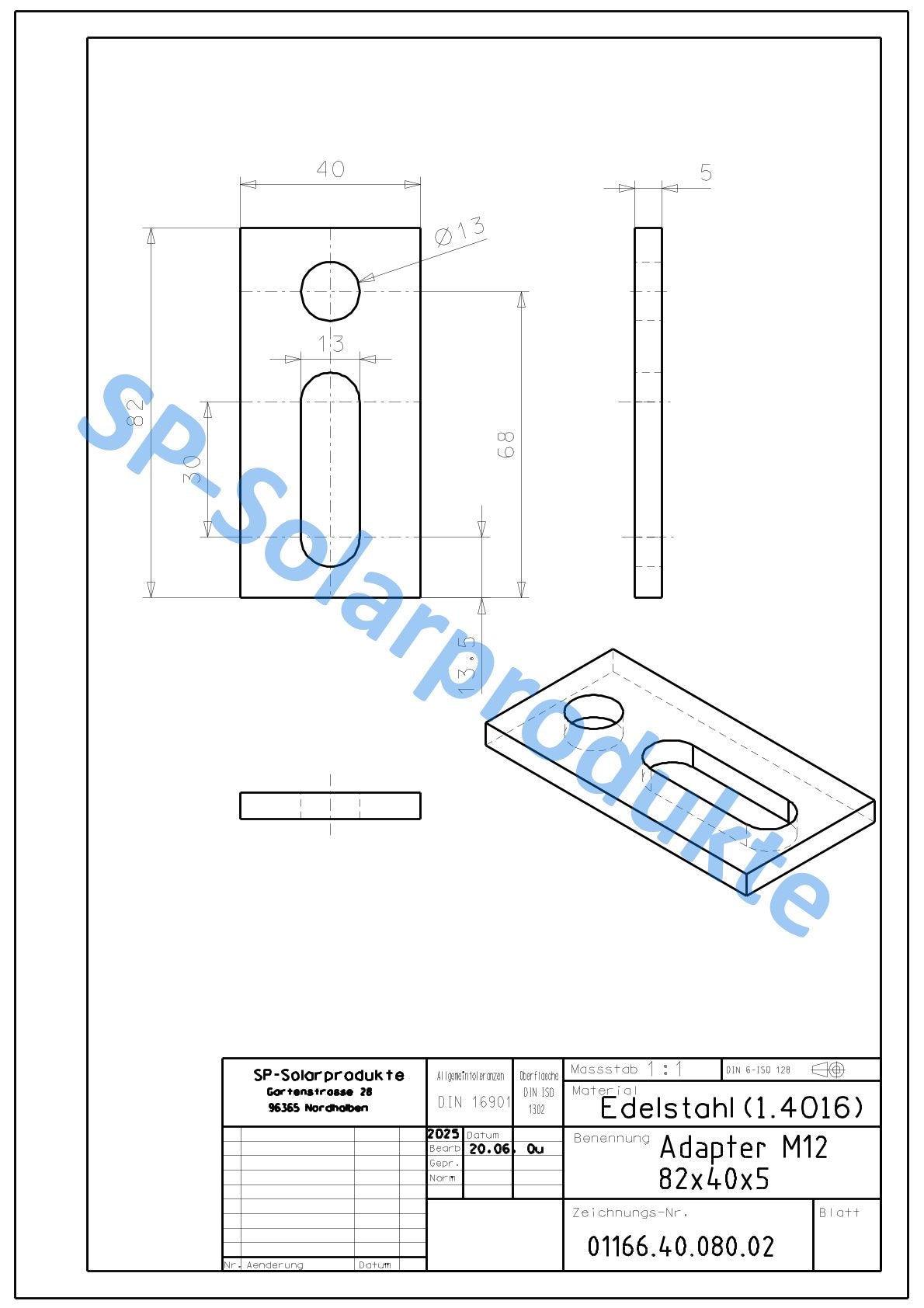 Adapterblech für Edelstahl Stockschraube M12 82x40x5mm