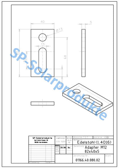 Adapterblech für Edelstahl Stockschraube M12 82x40x5mm