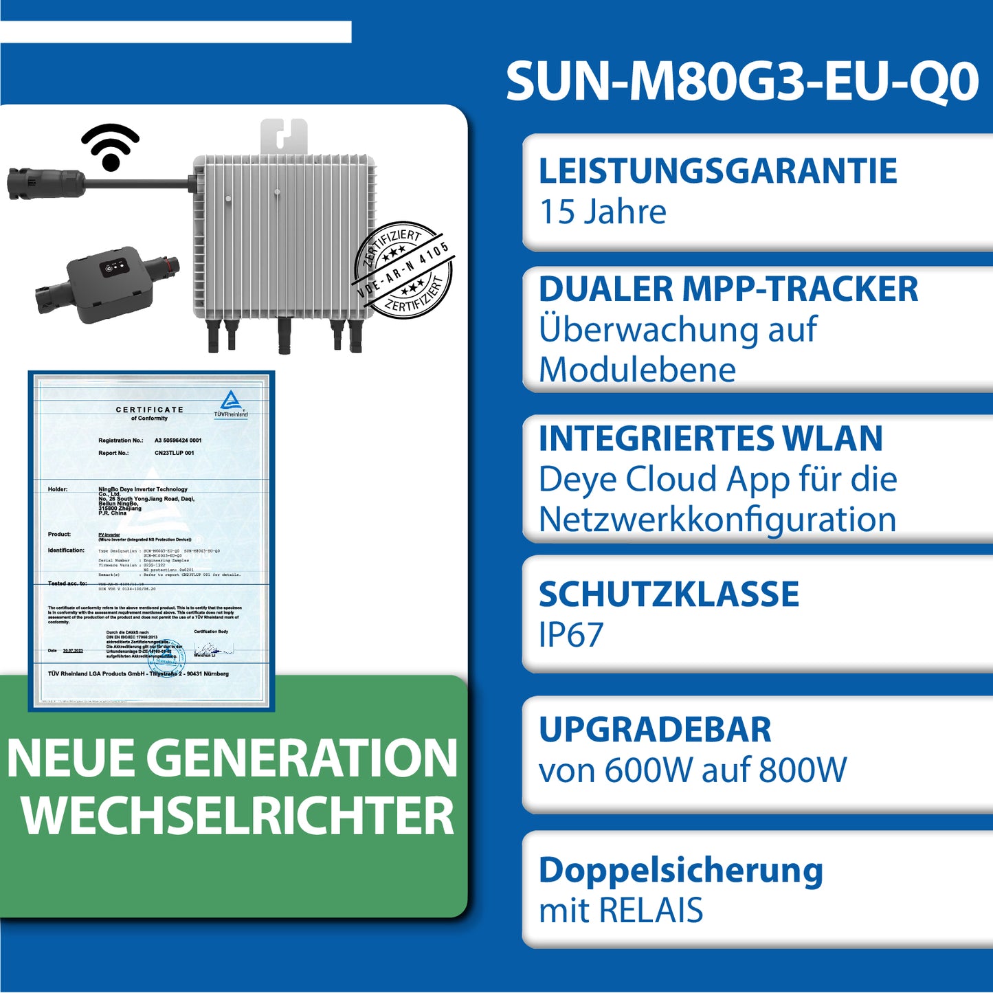 Deye 800 W(SUN-M80G3-EU-Q0) Neu Generation Upgradefähiger WIFI Wechselrichter mit Relais