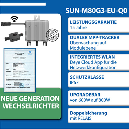 Deye 800 W(SUN-M80G3-EU-Q0) Neu Generation Upgradefähiger WIFI Wechselrichter mit Relais