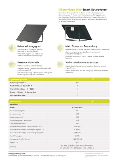 850W Balkonkraftwerk 800W Photovoltaik Solaranlage mit 800W Wifi Smart Wechselrichter Mini PV Anlage