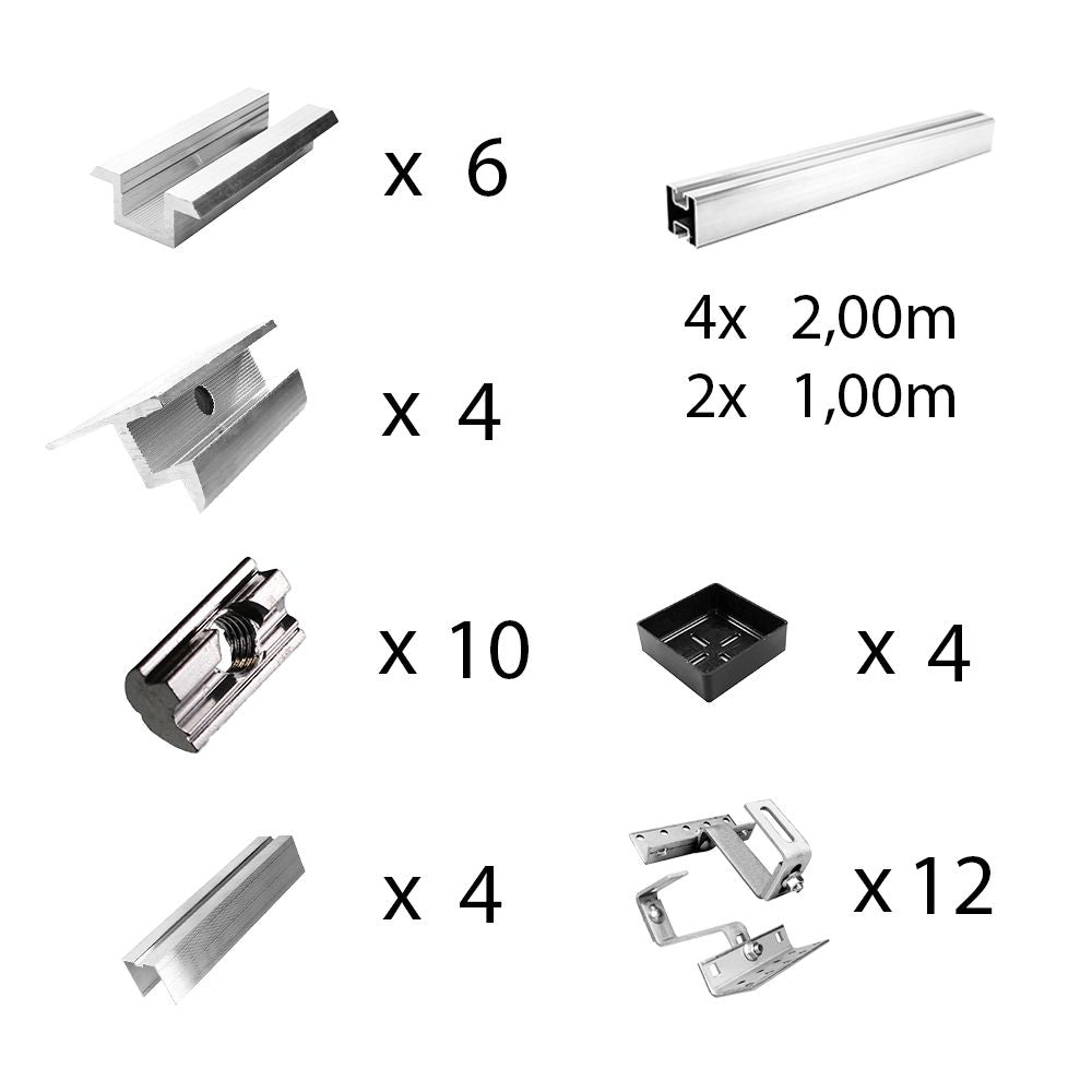 Befestigungskit mit Dachhaken 3-fach verstellbar (für Dachziegel) für Schrägdachmontage 1 bis 6 Solarpanel Rahmenhöhe 30mm