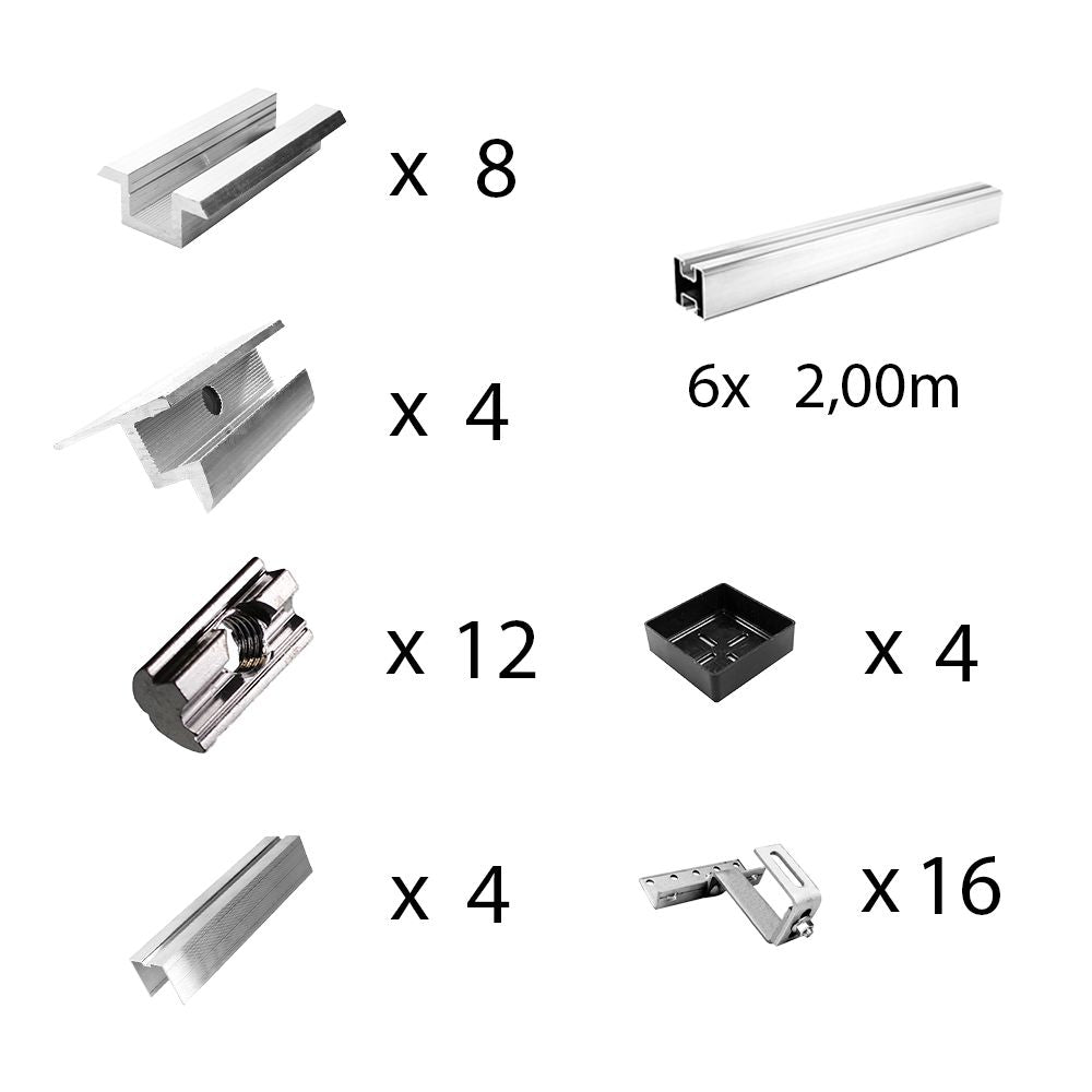 Befestigungskit mit Dachhaken 3-fach verstellbar (für Dachziegel) für Schrägdachmontage 1 bis 6 Solarpanel Rahmenhöhe 30mm