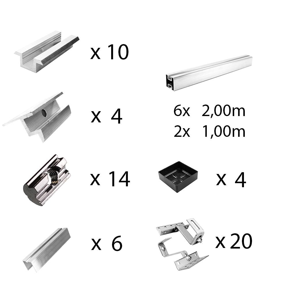 Befestigungskit mit Dachhaken 3-fach verstellbar (für Dachziegel) für Schrägdachmontage 1 bis 6 Solarpanel Rahmenhöhe 30mm