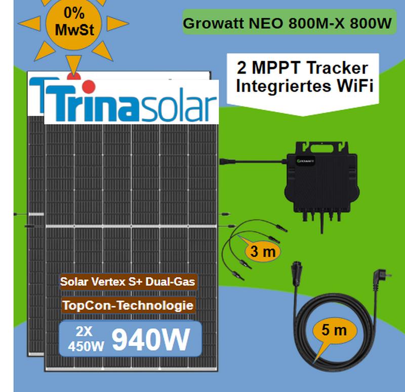Balkonkraftwerk 940W Growatt NEO 800M-X Trina Vertex S+ Dual Glas Mini-PV Solaranlage