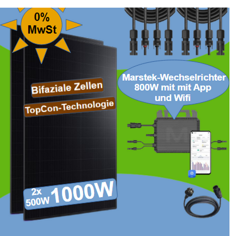 Balkonkraftwerk Bifazial Glas 1000W Wechserichter 800W  mit App und Wifi