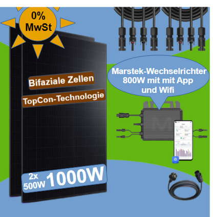 Balkonkraftwerk Bifazial Glas 1000W Wechserichter 800W  mit App und Wifi