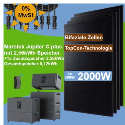 Balkonkraftwerk 4x500W Bifaziales Doppelglas-Solarmodul  mit 5,12kWh Speicher, Marstek Jupiter C plus