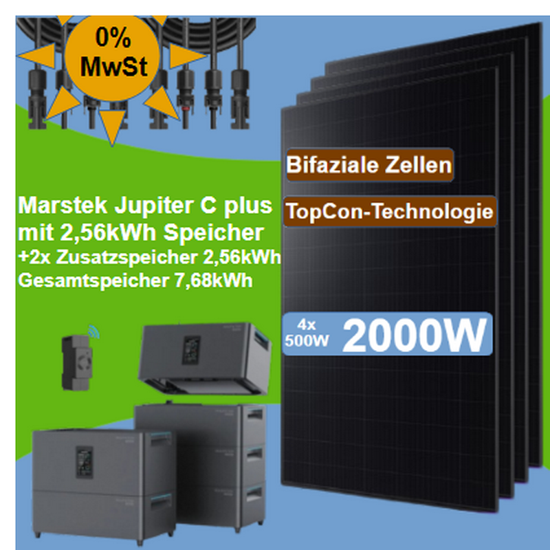 Balkonkraftwerk 4x500W Bifaziales Doppelglas-Solarmodul  mit 5,12kWh Speicher, Marstek Jupiter C plus