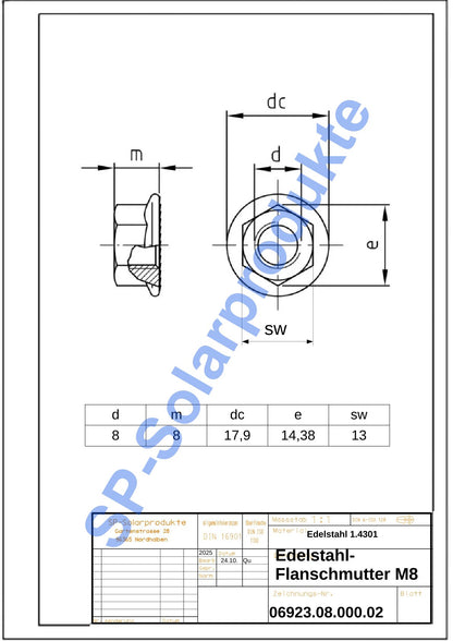 Flanschmutter mit Sperrverzahnung DIN6923 A2 V2A Edelstahl M6-M12