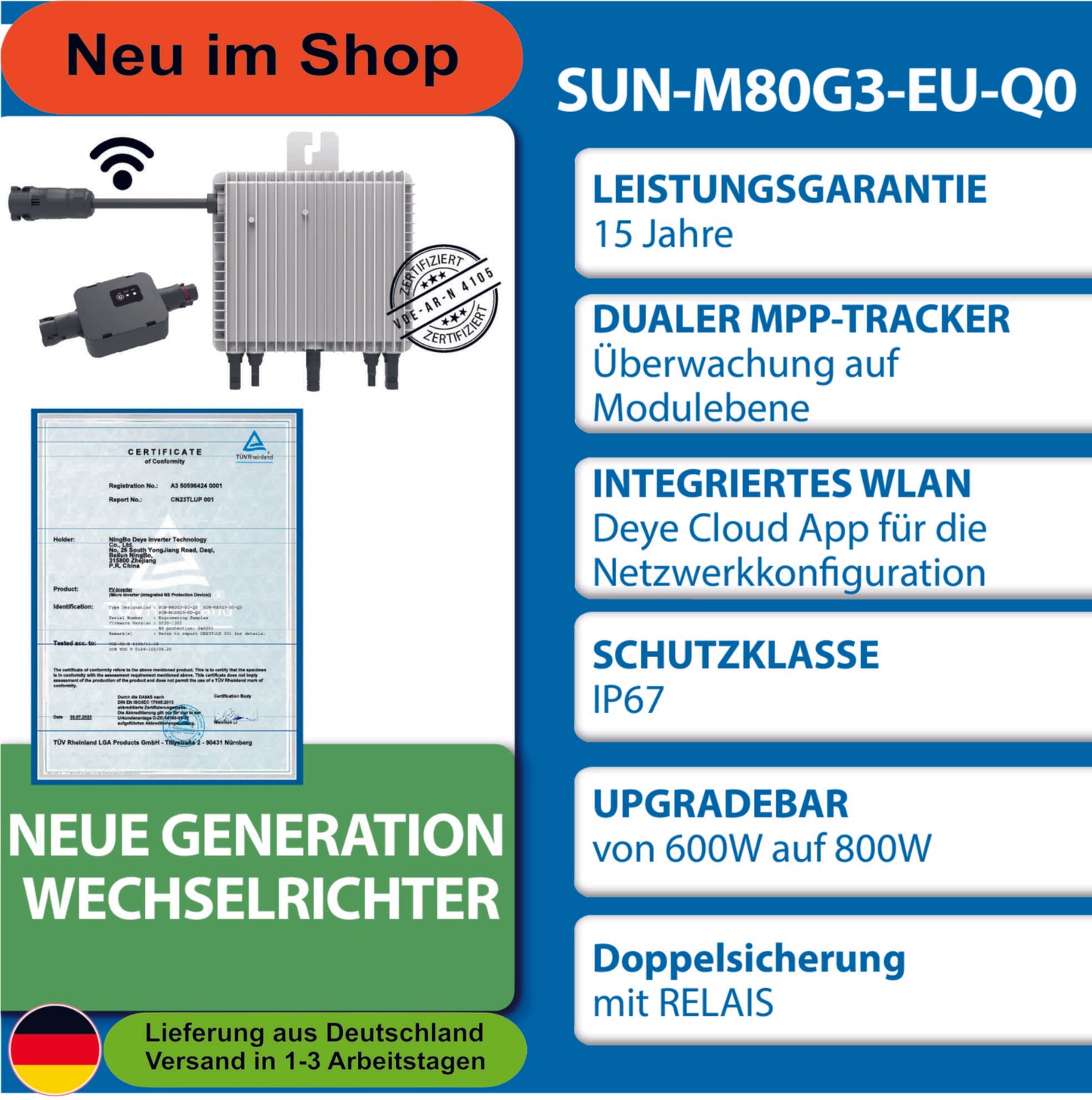 Deye 800 W(SUN-M80G3-EU-Q0) Neu Generation Upgradefähiger WIFI Wechselrichter mit Relais