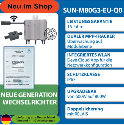 Deye 800 W(SUN-M80G3-EU-Q0) Neu Generation Upgradefähiger WIFI Wechselrichter mit Relais