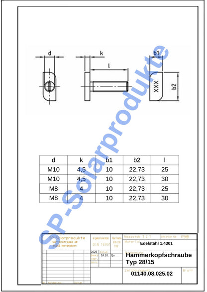 Hammerschraube  Typ 28/15 M8/M10 aus Edelstahl