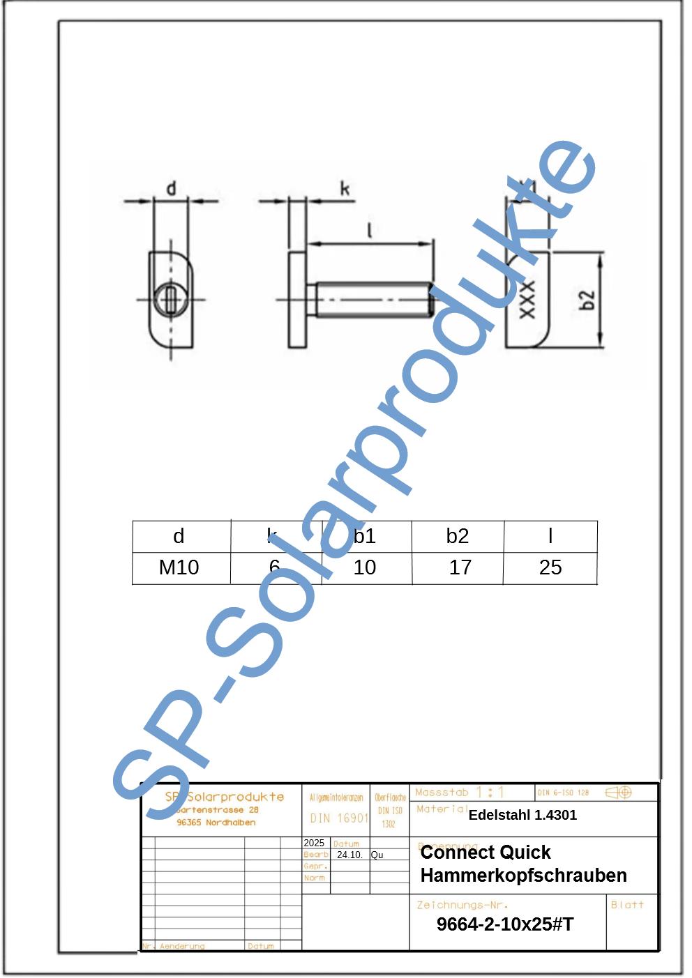 Hammerschraube  Typ 28/15 M8/M10 aus Edelstahl