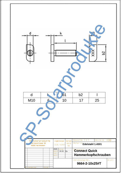 Hammerschraube  Typ 28/15 M8/M10 aus Edelstahl