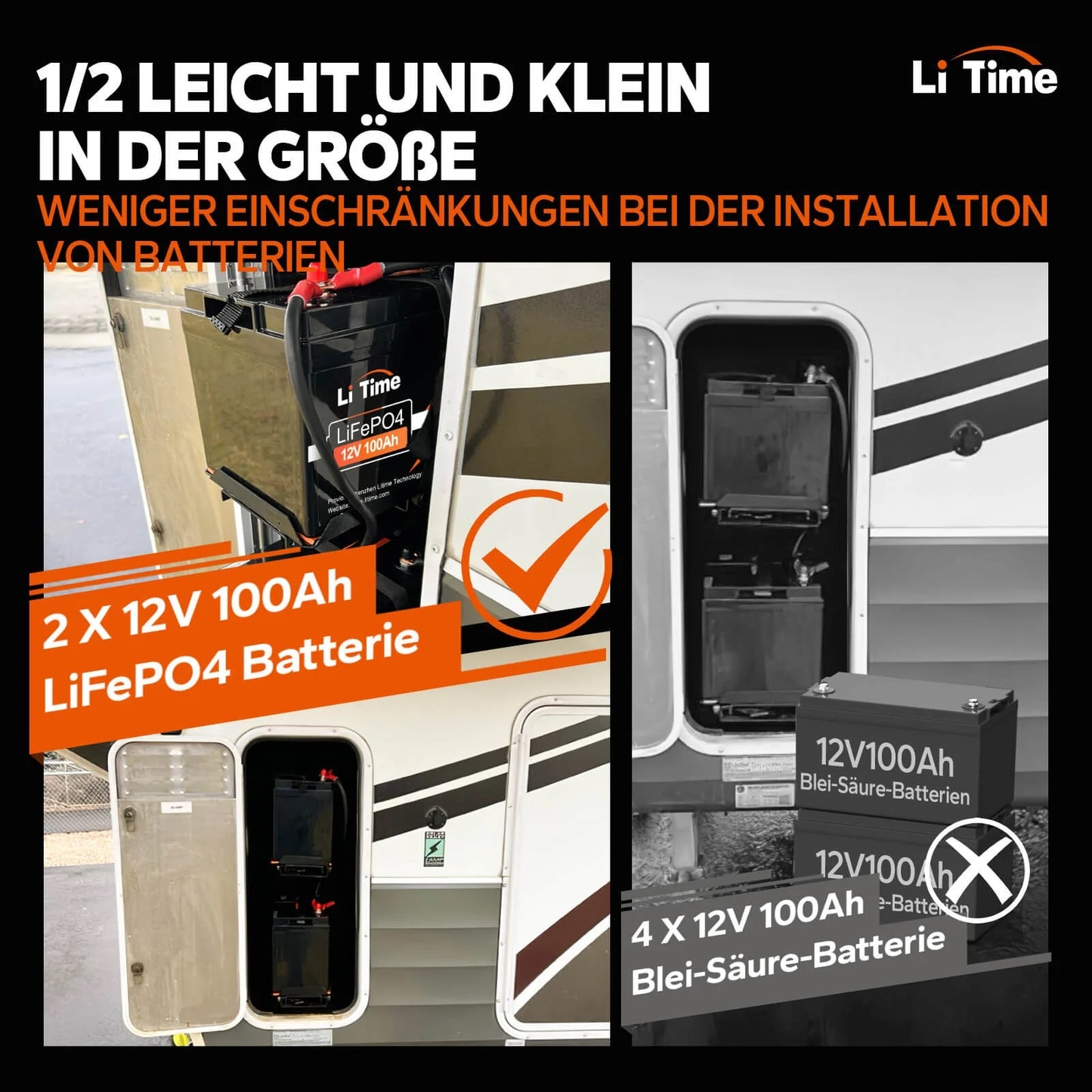 LiTime 12V 100Ah H190 LiFePO4 Batterie, Hoch188mm, 1280Wh, 100A BMS, Max. 15000 Zyklen