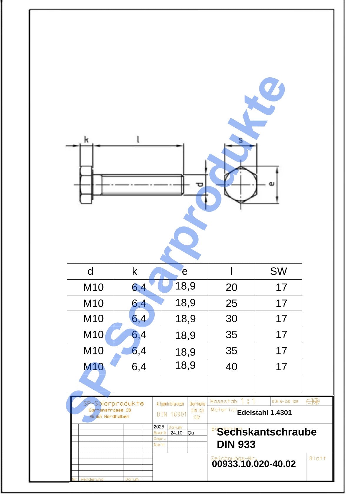 Sechskantschrauben aus Edelstahl M10x20-M10x40