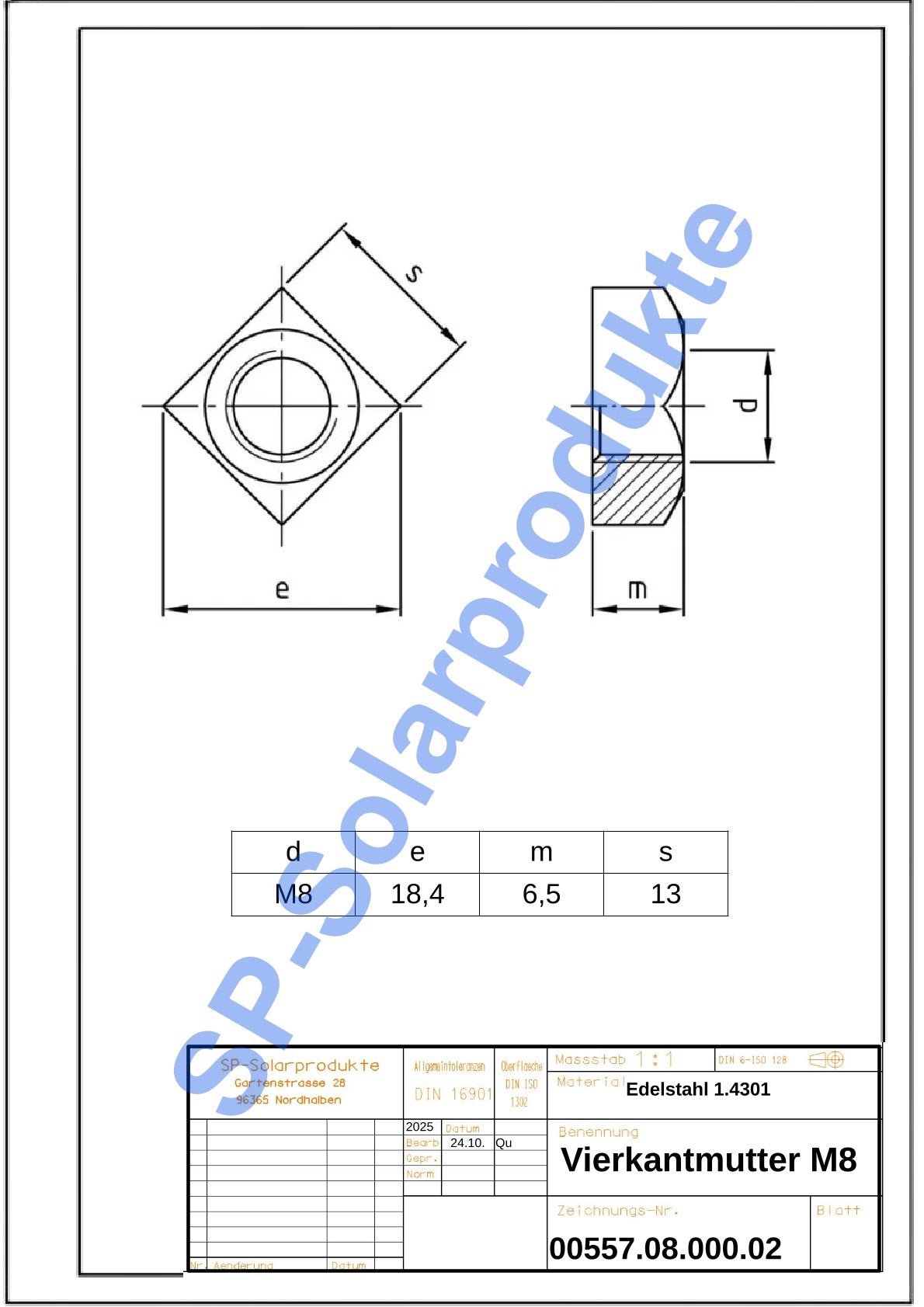 Vierkantmutter aus Edelstahl M8