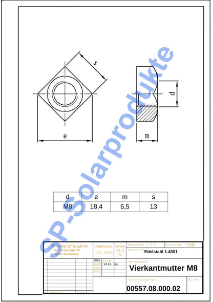 Vierkantmutter aus Edelstahl M8