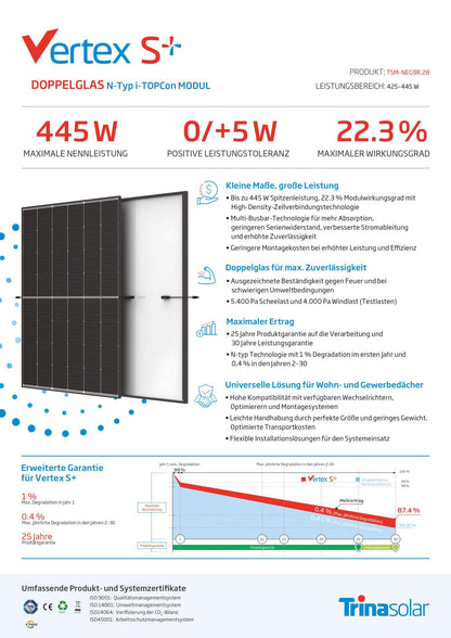 36 Stk.Trina Solar 445W Vertex S+ Doppelglas N-Type TopCon Solarmodul