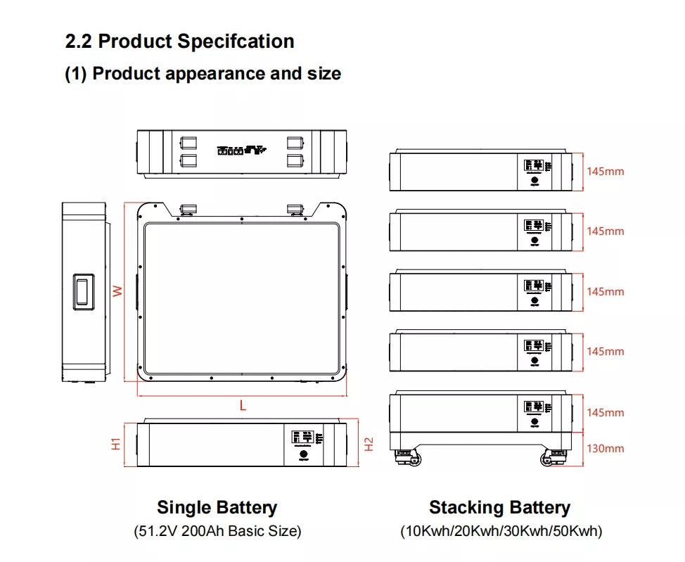 Powerwall LFP-51200-10 51,2 V 200 Ah  Stapelbatterie 10 KWh